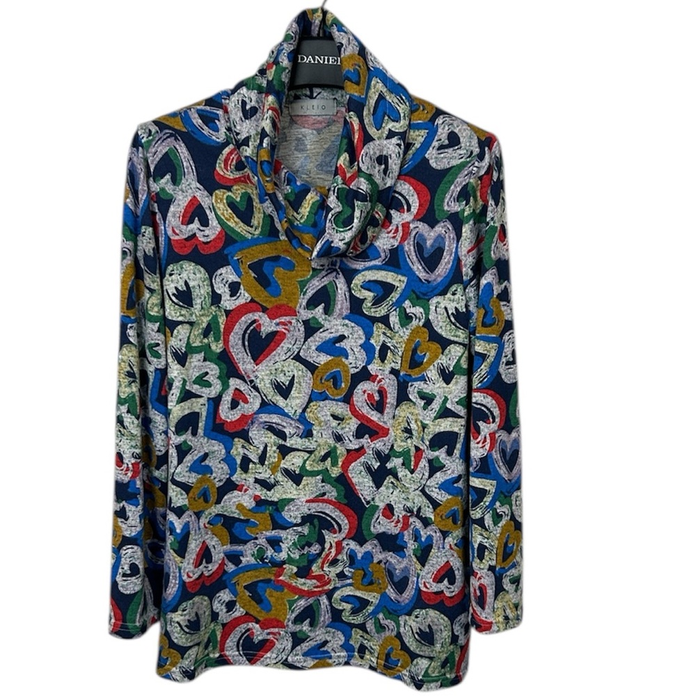 Kleio Multicolor Heart‎ Print Cowl Neck Top Women’s M Long Sleeve READ